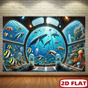 TEMU 2D 플랫, 1개 수중 해양 생물 배경 배너 - 고래, 상어, 거북이 & 산호초 디자인의 생동감 넘치는 해양 벽걸이 패브릭 홈 데코, 파티용 사진 스튜디오 소품 - 내구성 있는 폴리에스터, 전기 필요 없음, 해저 파티 장식, 2D 플랫
