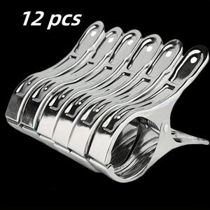 TEMU 6/12개 대형 스테인리스강 방풍 & 초강력 스프링 빨래줄 - 가정용 내마모성, 녹 방지 야외 세탁집게, 옷·이불·수건에 적합한 튼튼하고 오래가는 금속표면 디자인 세탁 액세서리