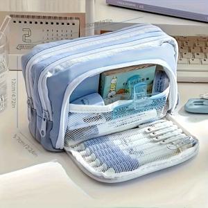 TEMU 대용량 정리 필통 - 다기능 데스크 & 여행용 수납 가방, 지퍼 클로저 (핑크/블루/베이지/블랙) - 학교, 사무실, 메이크업, 문구류를 위한 넉넉한 내부 공간 - 아이폰, 펜, 노트북 호환 가능 - 학생, 직장인, 여행자에게 이상적인 필통 파우치, 다목적 파우치, 투명 디자인, 튼튼한 지퍼 잠금, 안전 보관 솔루션