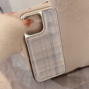TEMU 블루 체크무늬 실버 테두리 라이트 베이지 하이드로겔 폰 케이스, 아이폰 16/16 프로/ 플러스/14/14 프로/13/13 플러스/12/11 호환 - 여성과 가족을 위한 완벽한 휴일 선물