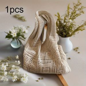 TEMU 1개 홀로우 니트 숄더백, 홀로우 핸드백 - 여성용 가벼운 접이식 토트백, 쇼핑 및 일상 사용에 적합한 소형 슬링백, 고급스러운 빈티지 스타일, 우아한 캐주얼 액세서리, 스타일 폴리에스터 소재, 내구성 좋은 여성 패션 미니 숄더백