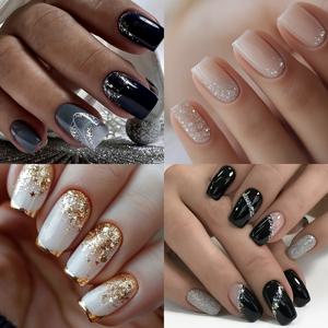 TEMU 96개 중간 크기의 사각형 네일 세트, 다양한 색상으로 구성되어 있으며, 블랙, 그레이, 그라데이션, 불규칙한 선, 반짝이는 풀 커버 프레스 온 네일이 여성의 일상 파티 네일 아트 장식에 적합합니다.