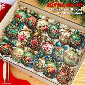 TEMU 2D 플랫, [2D Flat] 18개/1세트 고급 빈티지 크리스마스 장식 볼, 목재 펜던트 및 토퍼 | 크리스마스 트리, 새해, 카니발, 휴일 장식 | 홈/오피스/파티/창문 디스플레이, 벽난로, 현관용 장식, 2D Flat