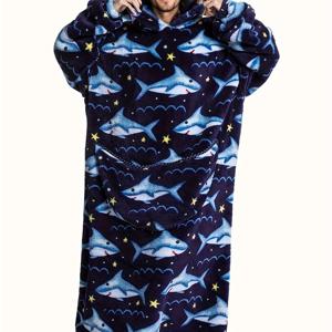 TEMU 남성용 오버사이즈 후드 로브 - 플러시 상어 프린트 슬립셔츠, 긴 소매 & 큰 포켓 - 할로윈, 크리스마스, 일상용 부드러운 플란넬 파자마 - 성인용 편안한 목욕가운, 휴일 잠옷, 재미있는 디자인, 편안한 착용감, 휴일 로브, 휴일 잠옷, 따뜻한 라운지웨어, 축제 잠옷, 성인용 파자마, 휴일 쇼퍼