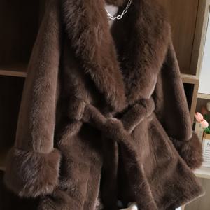 TEMU 브라운 초콜릿 컬러 고급스러운 가죽 코트, 캐주얼 아웃도어 파티 페스티벌용 따뜻한 모피 코트