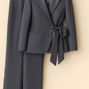 TEMU 여성용 다크 그레이 우아한 정장 세트 - 라펠 버튼업 재킷과 타이 웨이스트 레그 팬츠, 여성용 패션 정장, 고급 원단, 클래식 디자인, 맞춤형 핏, 프로페셔널 워드럽, 래블 칼라 재킷 및 블라우스 세트, 직장 여성에게 적합