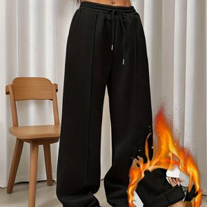 TEMU 솔리드 컬러 레그 팬츠, 캐주얼 드로스트링 탄성 허리 슬랜트 포켓 루즈핏 여성용 직장 및 사무실복|냉장고바지|오피스룩|바지