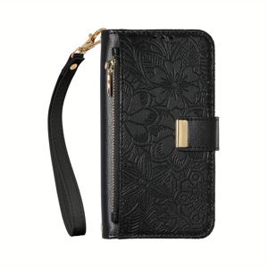 TEMU 블랙 플라워 & 리프 우아한 롱 스트랩 고급 가죽 비즈니스 케이스 - 삼성 갤럭시 S25 FE/S25 엣지/S25 울트라/S25 플러스/S24 울트라/S23/S22/S21/A56/A36/A05S/A15/A25/노트 10/20 호환 (남녀 공용)