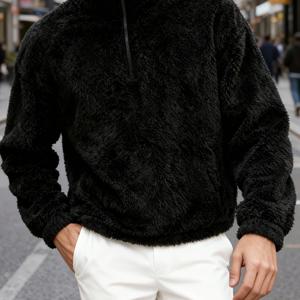 TEMU 남성용 헤비듀티 플러시 지퍼업 스웨트셔츠 - 스탠드 칼라, 두꺼운 겨울 재킷 스타일 풀오버, 블랙/브라운, 캐주얼 & 포멀 웨어, 1/4 지퍼 클로저, 손세탁/드라이클리닝, 논스트레치 원단 (부피 없음), 레이어링용