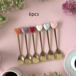 TEMU 6개 세트 혼합 색상 스테인리스 스틸 스푼 – 세라믹 핸들 디저트/차 스푼 (14cm/11cm), 내구성 강한 주방 도구, 할로윈 파티용, 크리스마스 및 결혼식 테이블을 위한 트렌디한 디자인|티테이블