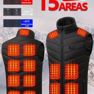 TEMU 남성용 스마트 히팅 조끼 - 15단계 온도 조절, 55°C 냉동 가능 폴리에스터, 스탠드 칼라 & 지퍼 클로저, 야외 활동용 민소매 디자인, 가을 겨울 따뜻함 (배터리 미포함)