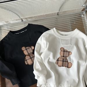 TEMU 2개 남아용 긴팔 티셔츠 - 부드러운 니트 크루넥 상의, 체크 무늬 곰 & 프린트, 루즈핏 캐주얼 봄/가을 레이어링 베이스 레이어 남아용, 세탁기 사용 가능 데일리 & 특별한 날 셔츠