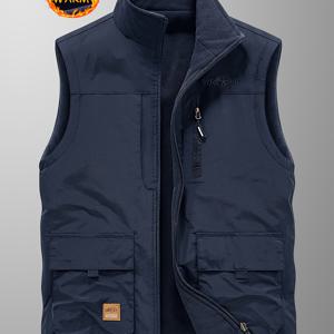 TEMU 남성용 방풍 보온 조끼 - 스탠드 칼라, 지퍼 포켓이 있는 헤비듀티 추운 날씨 재킷 - 하이킹, 캠핑, 낚시, 사진 촬영을 위한 비신축성 원단 - 남성을 위한 야외 장비 (가을) - 일상 및 공식 행사에 이상적, 캠핑 기어, 민소매 디자인, 내구성 있는 구조, 캐주얼 착용, 두꺼운