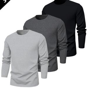 TEMU 3개 남성용 플러스 사이즈 긴팔 티셔츠 - 가을 & 겨울용 부드러운 라운드 넥 캐주얼 탑, 블랙, 다크 그레이 & 라이트 차콜 솔리드 컬러 베이직 티, 편안한 레이어링 필수품, 플러스 사이즈