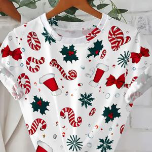 TEMU 여성용 크리스마스 캔디 케이 & 눈꽃 프린트 티셔츠 - 레드 & 화이트 티, 가벼운 여름 상의, 크리스마스 파티 의상, 캐주얼 캐주얼 복장 - 쉬운 관리 일상 크리스마스 액세서리, 축제 디자인, 편안한 핏, 반팔 셔츠, 계절별 쇼퍼, 내구성 있는 소재, 프린트 블라우스, 휴일 테마 의류