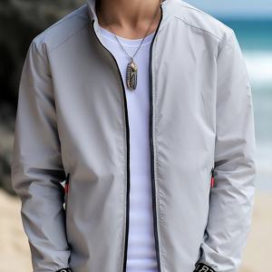 TEMU 남성용 경량 재킷 - 스탠드 칼라, 경량 방풍 아웃웨어, 체육관/낚시/여행용 퀵드라이 애슬레틱 자켓 (라이트 그레이/블랙) - 봄/가을/여름 캐주얼 아웃웨어, 낚시 의류, 세련된 디자인, 내구성 강화, 다목적 레이어링 아이템, 야외 활동 애호가를 위한
