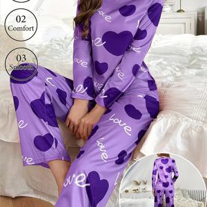 TEMU 발렌타인데이 여성용 하트 및 슬로건 프린트 긴팔 잠옷 세트 | 편안한 원단, 루즈핏, 크루넥, 긴 바지, 탄성 허리 밴드, 슬립오버 스타일