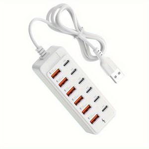 TEMU 12포트 USB 고속 충전 (Type-C PD 6개 & USB-A 6개 포트), 66W 고속 충전, iPhone/Android 스마트폰용 멀티 도크, 과부하 & 단락 보호 기능이 있는 컴팩트 플랫 멀티탭, USB 충전기 고속 충전