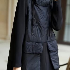 TEMU 여성 블랙 후드 재킷 - 긴소매 겨울 코트, 큰 앞면 포켓, H라인 실루엣, 미디 길이의 겨울철 겉옷, 데일리 및 포멀룩, 겨울 재킷, 캐주얼 웨어, 퀼팅 디자인, 스타일리시한 겉옷, 패션 애호가