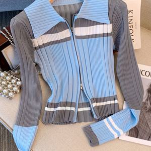 TEMU 여성용 한국식 칼리지 스타일 지퍼업 가디건 - 연한 파랑 & 흰색 대비 칼라, 긴 소매 캐주얼 가을/겨울 아우터웨어, 버튼 프론트 클로저, 세탁기 사용 가능, 내구성 있는 원단, 여성용 카디건, 품질 좋은 가을 의류