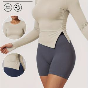 TEMU 여성용 슬림핏 긴팔 스플릿 헴 짐 티셔츠 - 통기성 좋은 타이트핏 운동복, 사이클링, 러닝, 트레이닝용 허벅지 슬릿 | 사계절용 비침 없는 근육 라인 강조 스포츠웨어