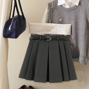 TEMU 여성용 하이웨이스트 A라인 플리츠 스커트 - 회색, 캐주얼 스타일 벨트 포함, 지퍼 디테일, 봄/가을에 완벽, 다용도 및 세련된 캐주얼 의상|A라인 스커트|지퍼 디테일 스커트, 여성용 우아한 반바지, 여성용 스커트