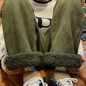 TEMU 여성용 헤비듀티 보온 바지 - 드로스트링 허리, 직선형 핏, 추운 날씨용 일상 및 정장용 - 블랙/아미 그린 레트로 스트리트웨어 팬츠 (내구성 & 따뜻함), 계절 패션, 빈티지 감각, 편안한 소재, 따뜻한 하의, 패션 애호가용, 여성용 겨울 바지, 플리스 안감