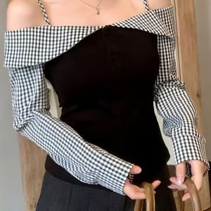 TEMU 여성용 우아한 오프숄더 깅엄 체크 블라우스 - 슬림핏 긴팔 버튼 프론트, 캐주얼 & 포멀웨어용 올시즌 셔츠, 러플 소매 탑 | 깅엄 패턴 상의, 여성용 블라우스, 스타일리시한 여성용 상의, 우아한 블라우스, 여성 여름 상의, 여성 블라우스 여름