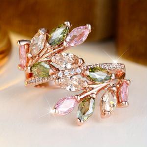 TEMU 여성용 우아한 말 눈 컷 로얄 블루 그린 퍼플 핑크 합성 지르코니아 리프 링, 로즈 골드 코크테일 링, 결혼 반지, 휴가 행사, 사계절, 빈티지 스타일, 구리 소재, KC 금도금, 합성 지르코니아 , 약혼 반지, 여성용 결혼 반지