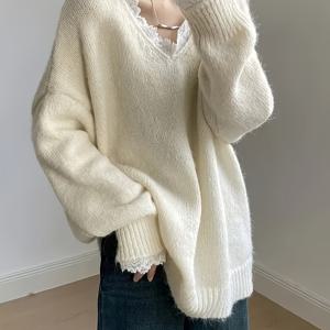 TEMU 플러스 사이즈 - 레이스가 돋보이는 우아한 V넥 스웨터 | 편안하고 스타일리시한 단색 디자인, 중간 정도의 신축성 있는 원단, 모든 계절에 이상적|빅사이즈