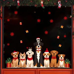 TEMU 크리스마스 펫 컬렉션 테마 장식 벽 스티커, 개와 고양이 콤보와 휴일 요소, 눈꽃, 축제 홈 데칼, 자체 접착식 탈착 가능 31.5인치 * 14.96인치, 벽/침실용 벽 스티커, 장식 벽 스티커, 자가 접착식 문 스티커, 벽지