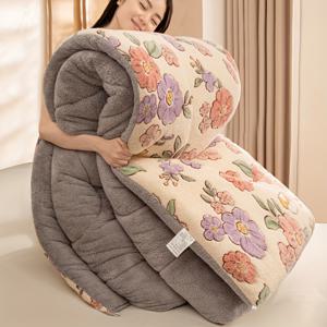 TEMU 헤비듀티 밀크퍼 퀼트 올시즌 침대 스프레드 - 두꺼운 겨울용 컴포터, 핑크/퍼플/그린/옐로우/베이지 플로럴 침대 커버, 퀸/킹 사이즈 침대용 세탁 가능한 밀크퍼 침구, 추운 날씨 사용, 겨울용 담요