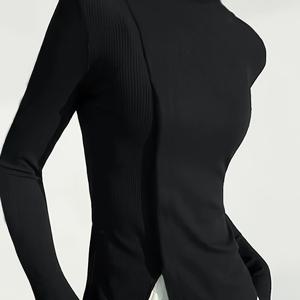 TEMU 여성용 우아한 하이넥 긴팔 티셔츠 - 솔리드 컬러 캐주얼 블라우스, 미디엄 스트레치 슬리브 탑, 봄/가을 워드로브 필수 아이템, 드레스, 재킷 및 레이어링용 기계 세탁 가능 레귤러 핏