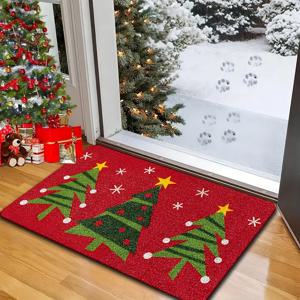 TEMU 1개 축제 크리스마스 도어매트 레드 배경 & 그린 트리 디자인 - 내구성 있는 폴리에스터, 세탁기 사용 가능, 거실, 침실, 주방, 욕실용 직사각형 매트 - 크리스마스 장식에 완벽한 크리스마스 장식, 크리스마스 트리 매트/러그, 입구용 도어 매트 실내