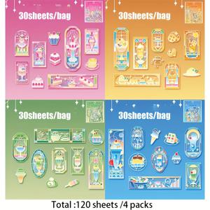 TEMU 120개 (4봉지) 방수 PET 일본 레트로 말차 티타임 스티커 - 광택 쉘라크, 일본 스타일 아이콘, 대형 롤아웃 데칼, DIY 공예, 저널, 플래너, 아이패드, 달력, 티 파티 장식용