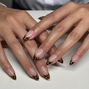 TEMU 24개입 프린트 프레스온 네일 중간 아몬드형 손톱 3D 스틸 비즈 표면 광택 디자인 여성용 가을 프레스온 네일