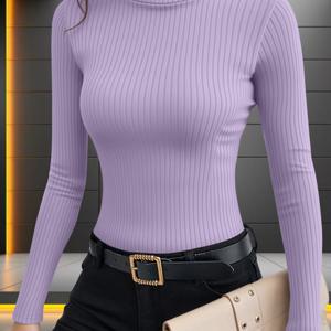 TEMU 여성용 하이넥 슬림핏 터틀넥 스웨터 - 단색 (블랙/다크 그레이/브라운/네이비) - 스트레치 롱 슬리브 베이스 레이어, 겨울철 보온, 기계 세탁 가능한 우아한 니트웨어, 재킷, 바지 & 드레스 레이어링용