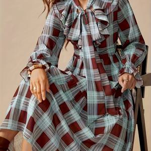 TEMU 여성용 우아한 체크무늬 A라인 드레스 - 퍼프 숏 슬리브 & 칼라, 터키스/버건디/화이트 체크 프린트, 버튼 없는 허리 타이 클로저, 크리스마스, 할로윈, 리조트웨어용 올시즌 다용도 숏 드레스 (세탁기 사용 가능)