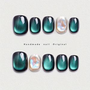 TEMU 10개 세트 수제 그린 말라카이트/캣아이 네일 폴리쉬 키트 - 짧은 오벌 프레스온/클립온 탈부착 가능한 인조 네일, 광택 있는 네일 팁, 파티, 웨딩, 댄스용 - 가을/겨울 착용 (접착제 불필요)