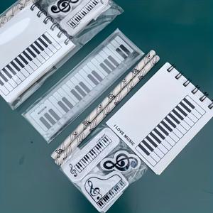 TEMU 1세트 피아노 음악 테마 문구 선물 세트 - 피아노 모양 노트북, 자, 연필 & 지우개 번들, 음표 & 악보지 포함 - 피아노 키 디자인, 피아노, 교사, 수집가를 위한 크리스마스/할로윈 선물