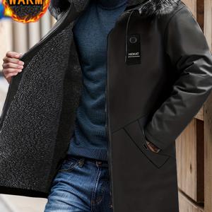 TEMU 겨울 남성용 루즈핏 후드 재킷 | 패셔너블한 기모 안감 두꺼운 미디 길이 코트, 지퍼 포함, 야외 레저 및 캠핑에 적합 | 브랜드: HIDKAT
