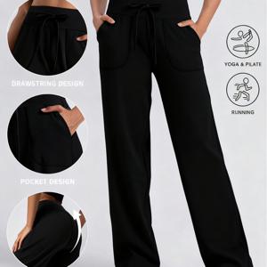 TEMU 여성용 하이웨이스트 레그 운동 바지 - 드로스트링 허리 풀 길이 운동 바지, 올 시즌 짐 바지 (블루/네이비), 요가, 런닝, 캐주얼 복장용, 세탁기 사용 가능 - 루즈핏, 부드러운 질감, 단색 디자인, 운동복