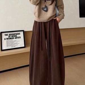 TEMU 여성용 하이웨이스트 와이드 레그 겨울 팬츠 - 버건디/블랙/네이비, 탄력 있는 허리끈, 세탁기 사용 가능한 오버사이즈 캐주얼 & 포멀 팬츠 (-패딩 보온) - 우아함