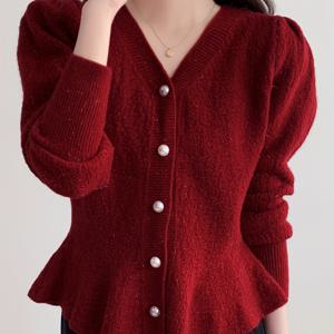 TEMU 여성용 버건디 레드 한국/일본 스타일 슬림핏 재킷 - 진주 단추 & 러플 헴, 우아한 겨울 코트, 파티, 웨딩용 - 긴 소매 칼라 가디건 스웨터 (가슴 패딩 없음)