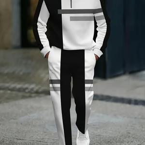 TEMU 2025년 가을 신상 블랙 & 컬러 블록 패턴 남성 캐주얼 스포츠웨어 세트, 트렌디한 하프 지퍼 라운드넥 풀오버 긴팔 티셔츠 +, 스포츠 레저 팬츠, , 워킹, 출퇴근에 적합, 트레이닝복, 남자반바지세트, 반바지, 반바, 남자가을옷세트, 남성의류세트, 남성 여름옷 세트, 남성 운동복 세트