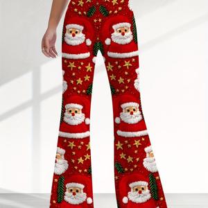 TEMU Darlin 여성용 하이웨이스트 크리스마스 바지, & 사슴 프린트 - 레드 & 그린 레깅스, 부드러운 질감, 플레어 와이드 레그 디자인