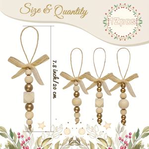TEMU 8/12개 스타일 나무 구슬 크리스마스 트리 장식 - 골든 비즈와 리본 포함, 팜하우스 스타일 행잉 데코, 트리, 리스, 웨딩 장식에 완벽, 빈티지 감성, 수제 제작, 내구성 소재, DIY 애호가를 위한 제품