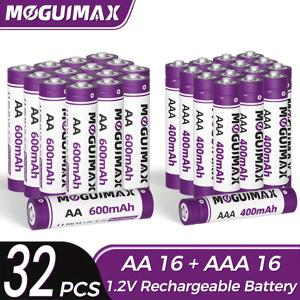 TEMU MOGUIMAX 32개 니켈수소 충전지 1.2V AA600mAh / 1.2V AAA 400mAh 충전 배터리 세트, 장시간 전원 공급, 리모컨, 알람시계, 손전등 등에 적합, 가정용 필수품,경량 전원 공급 장치,고성능 셀,신뢰할 수 있는 전원 공급원,혼합 배터리 팩,기술 애호가