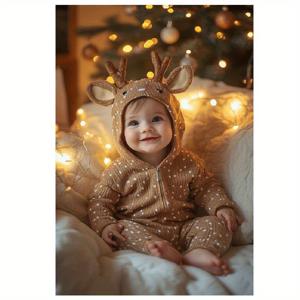 TEMU 2D 플랫, 1개 아기/남성 순록 원피스 롬퍼 - 부드럽고 따뜻한 겨울 의상, 뿔 모양 귀와 포켓, 12x18 인치 포근한 화이트 파이핑 트림, 크리스마스 포토 촬영 코스튬, 휴일 의상, 2D 플랫, 크리스마스 데코