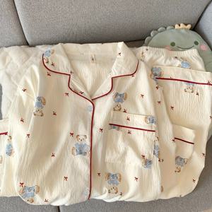 TEMU 재고 보유 고품질 여성 파자마, 봄/가을 심플 스위트 인스 롱 슬리브 가디건, 한국 스타일 얇은 아우터웨어 홈웨어 세트, 루즈하고 편안한 귀여운 캐릭터 투피스 세트 '기숙사용'